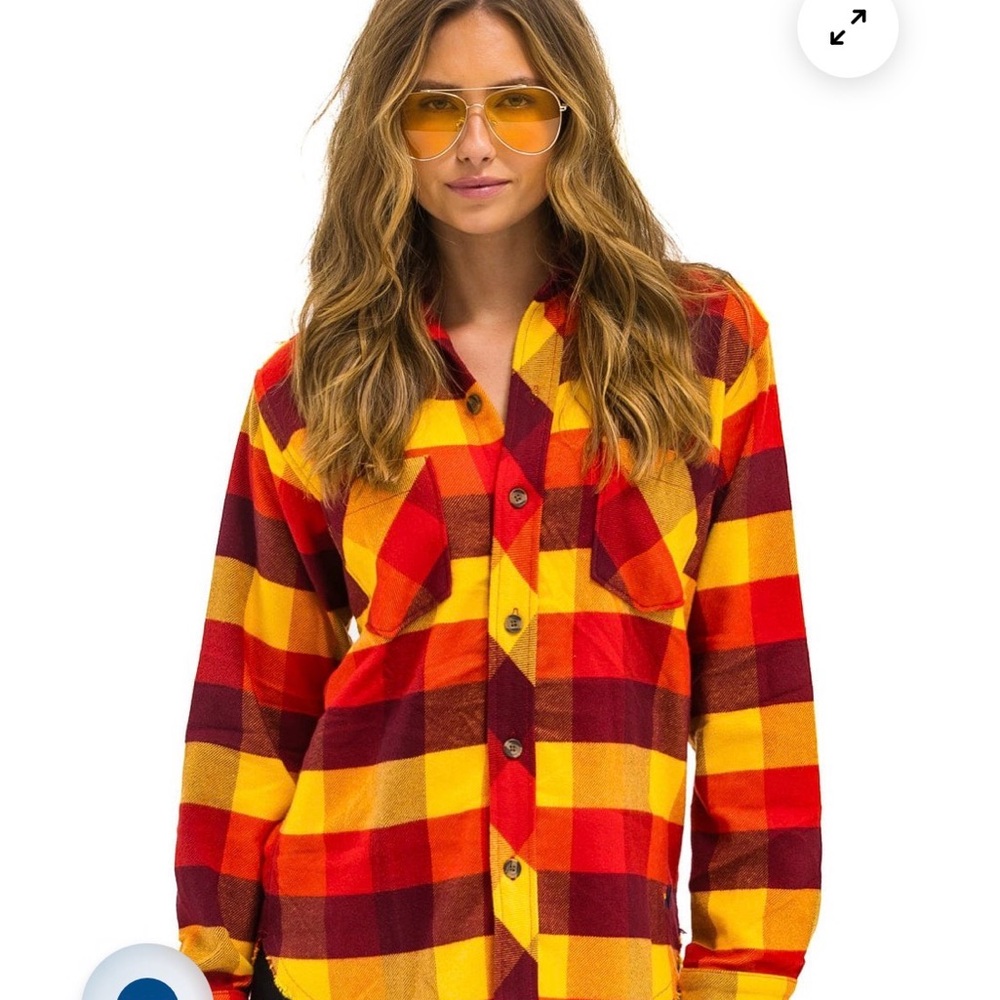 Aviator Nation Yellow Red Orange Plaid Button-Down Shirt.